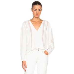 L'AGENCE Silk V-Neck Blouse with woven accent details mesh sheer